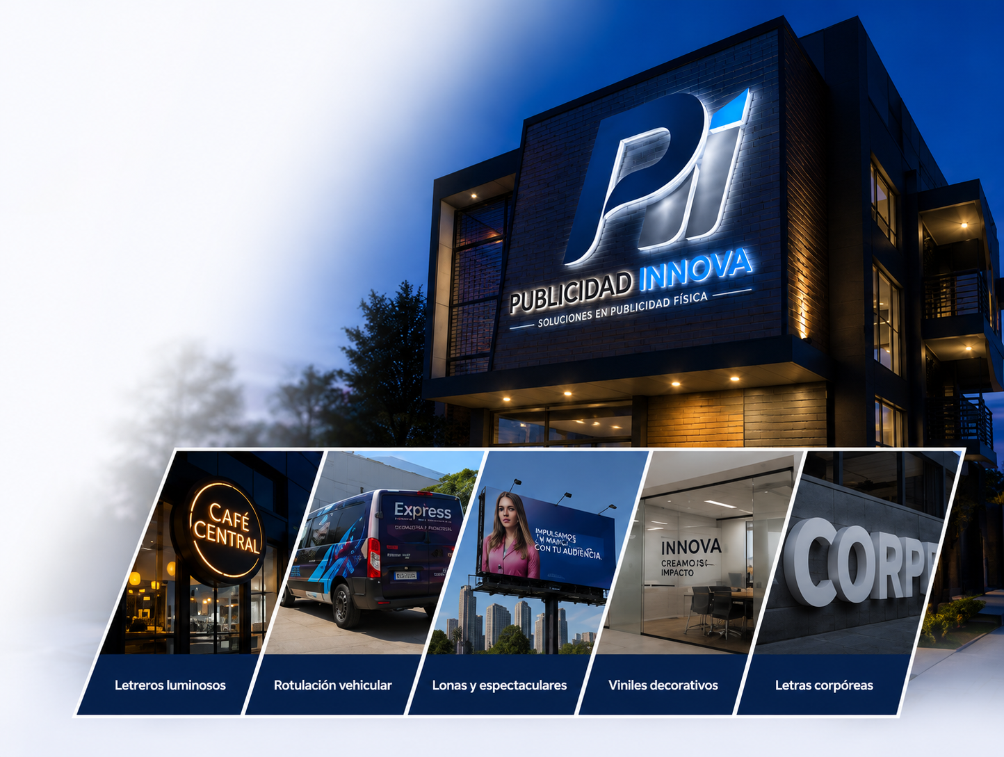 Edificio de Publicidad Innova con letrero luminoso y servicios: letreros luminosos, rotulación vehicular, lonas y espectaculares, viniles decorativos y letras corpóreas